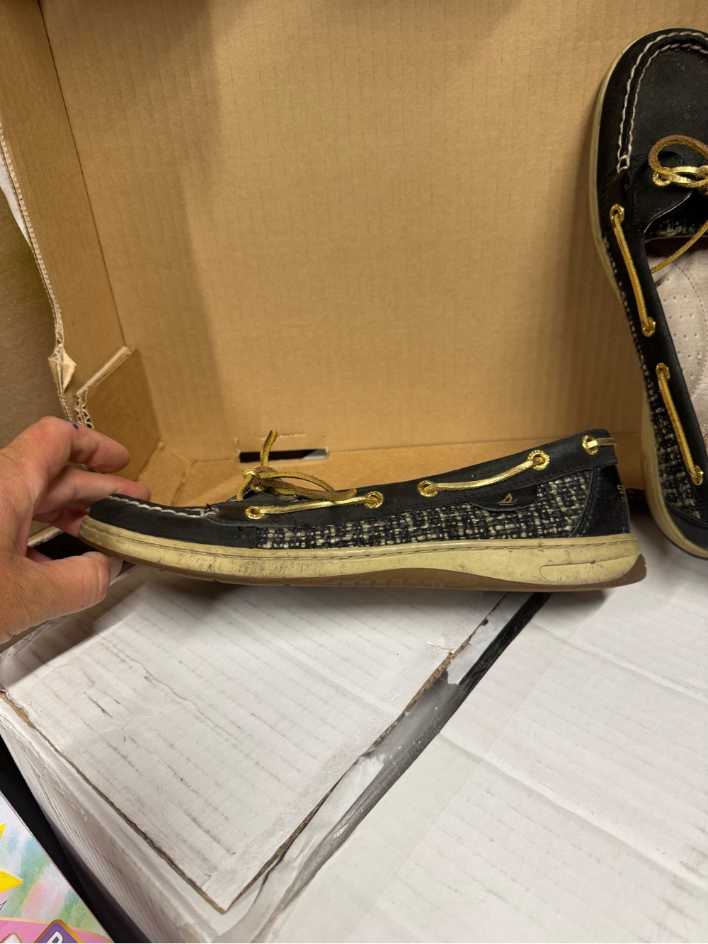 Sperry Top Sider Black Moccasin Boat Shoes with Gold Laces - Picture 3 of 6